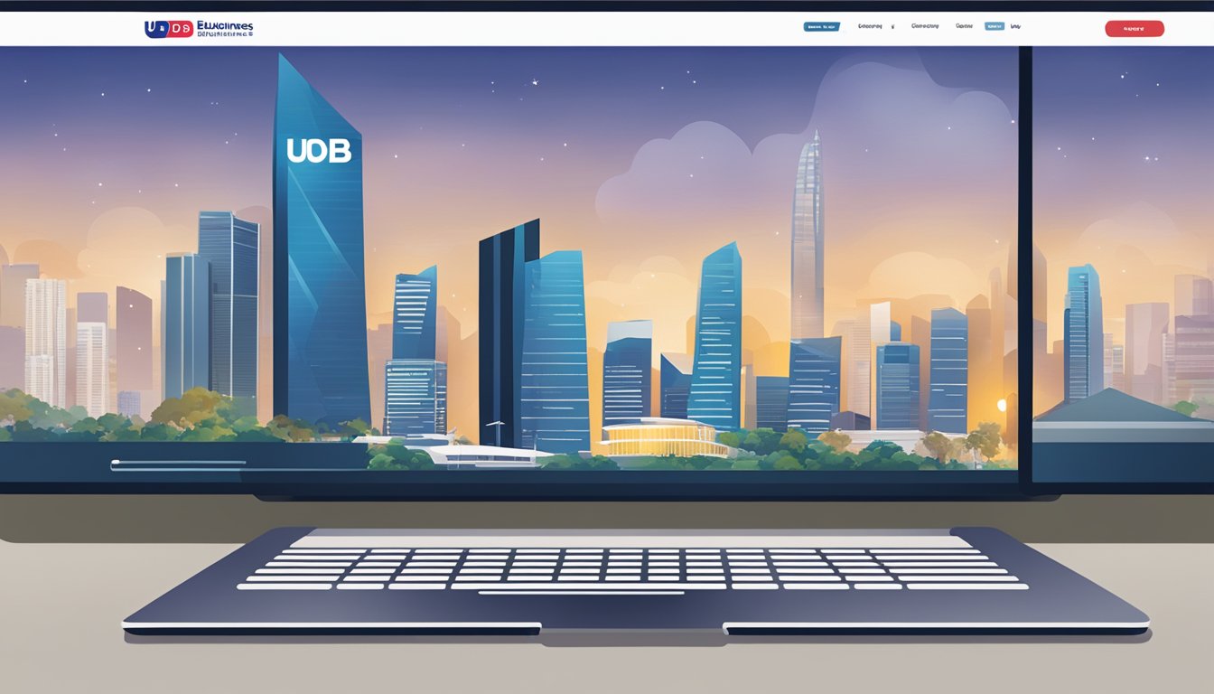 A computer screen displaying the UOB eBusiness account homepage with a Singapore backdrop