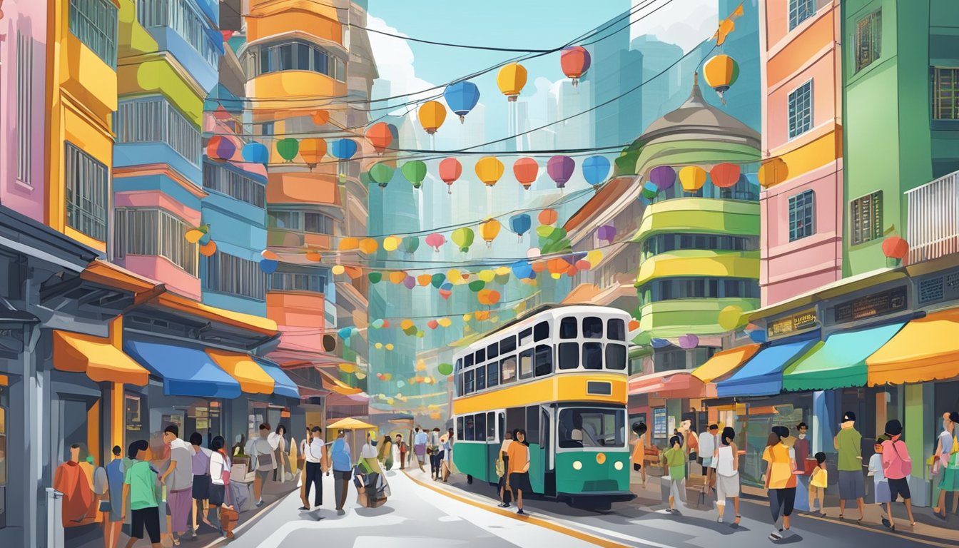 A bustling street in Singapore, with colorful buildings and vibrant signs, bustling with activity