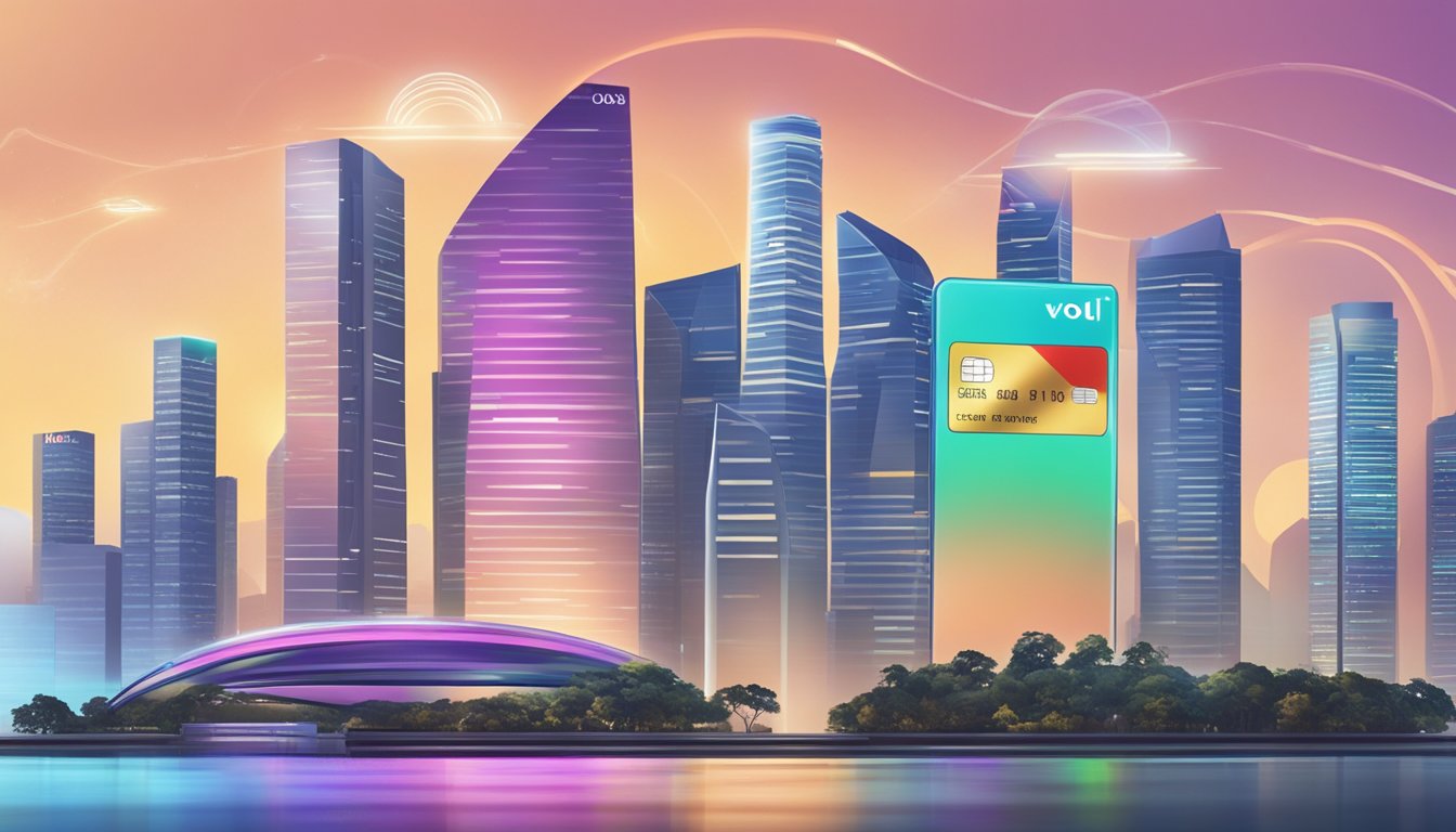 A futuristic credit card with UOB Evol branding and Singapore skyline in the background