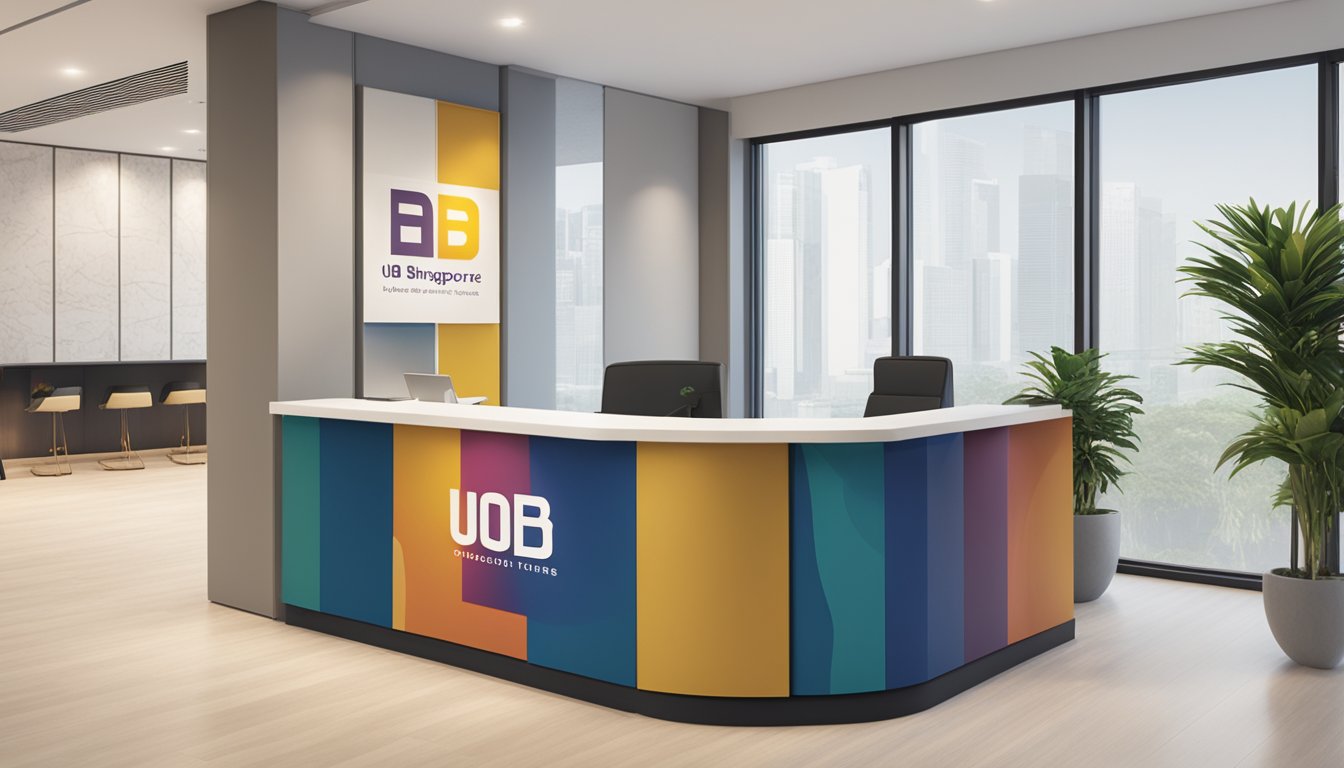 A stack of FAQ brochures with the UOB Evol Singapore logo, neatly arranged on a reception desk
