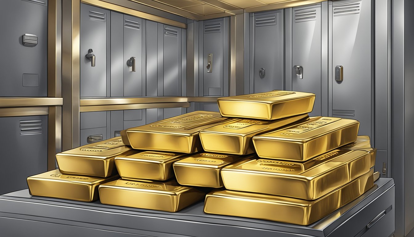 A stack of UOB gold bars gleam in a secure vault, surrounded by state-of-the-art security measures