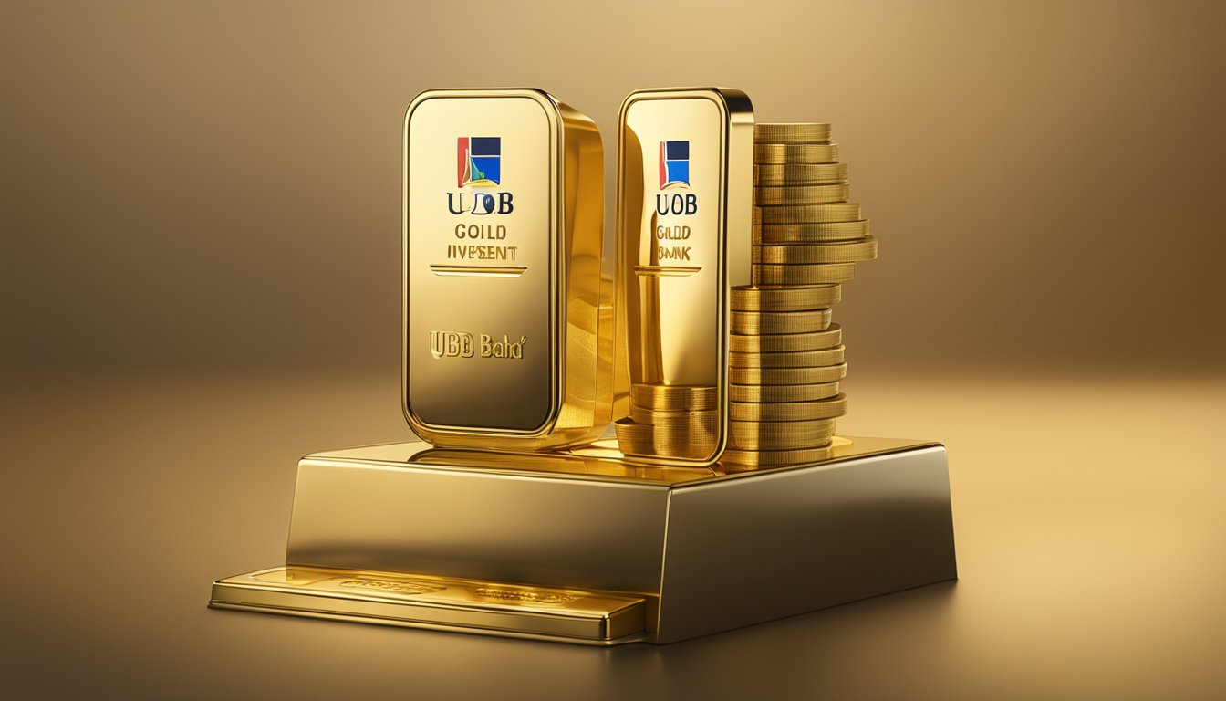 A gleaming stack of UOB's gold investment products, adorned with the bank's logo, sits prominently on a polished display stand