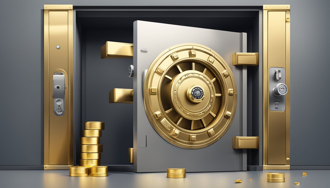 A secure vault door with a combination lock, surrounded by security cameras and guards, with a stack of gold bars inside