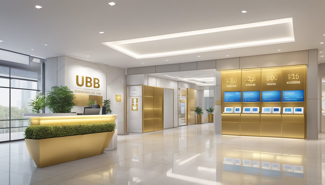 A modern bank branch with UOB branding, showcasing gold and silver savings accounts in Singapore. Bright and inviting atmosphere with informational displays