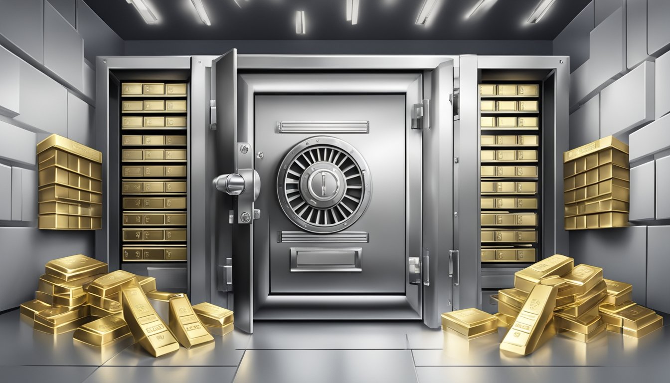 A secure vault with gold and silver bars, surrounded by insurance documents and safety deposit boxes