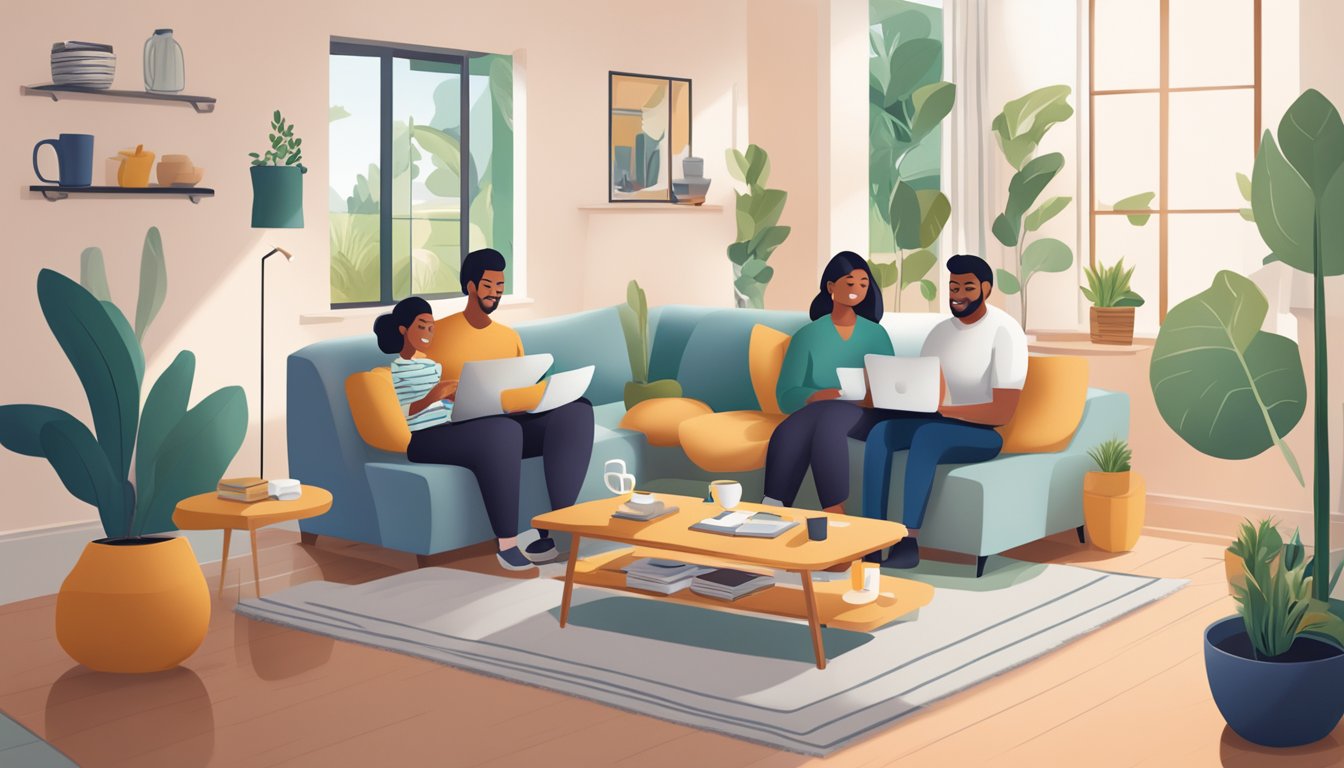A cozy living room with a family sitting together, discussing financial documents and a laptop open to the UOB home loan website on the coffee table