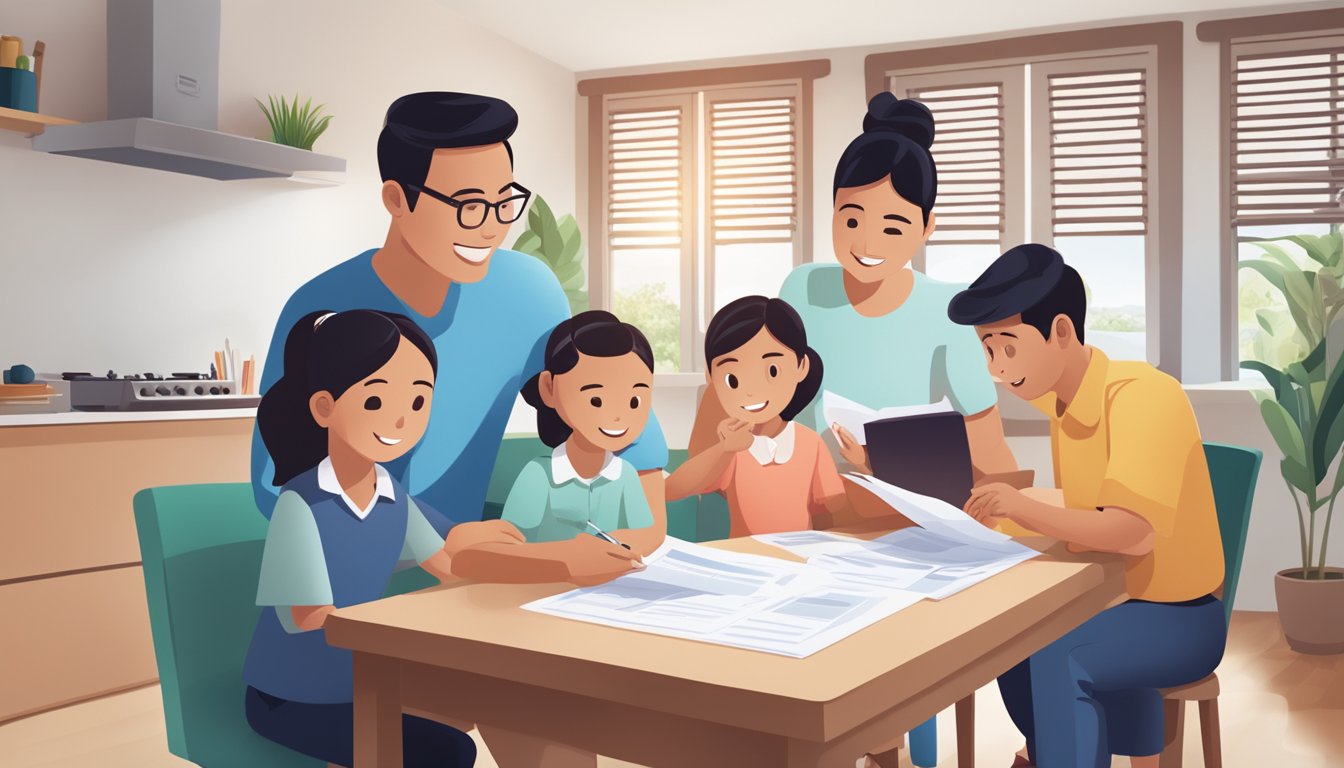 A family sits around a table reviewing UOB Home Loan documents, with a UOB representative explaining the details. The family appears happy and satisfied with the information provided