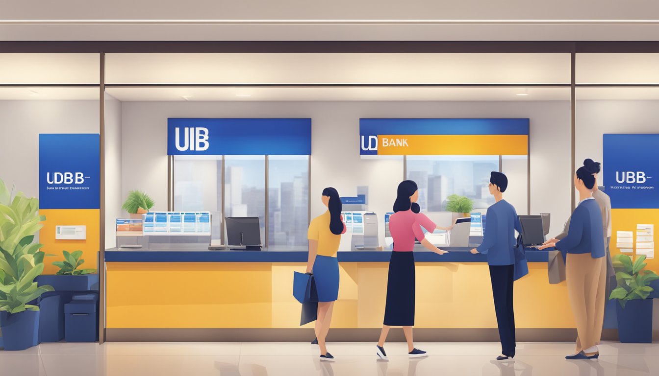 A bright, modern bank branch with UOB branding and signage. A friendly staff member assists a customer with home loan services