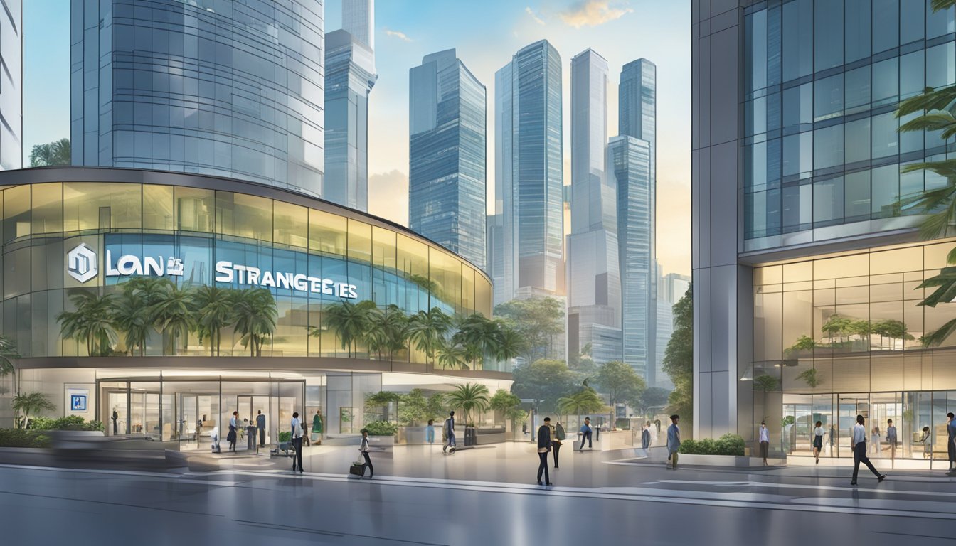 A bustling cityscape in Singapore, with a modern office building featuring the sign "Loan Management Strategies." A new company's logo is displayed prominently in the lobby window