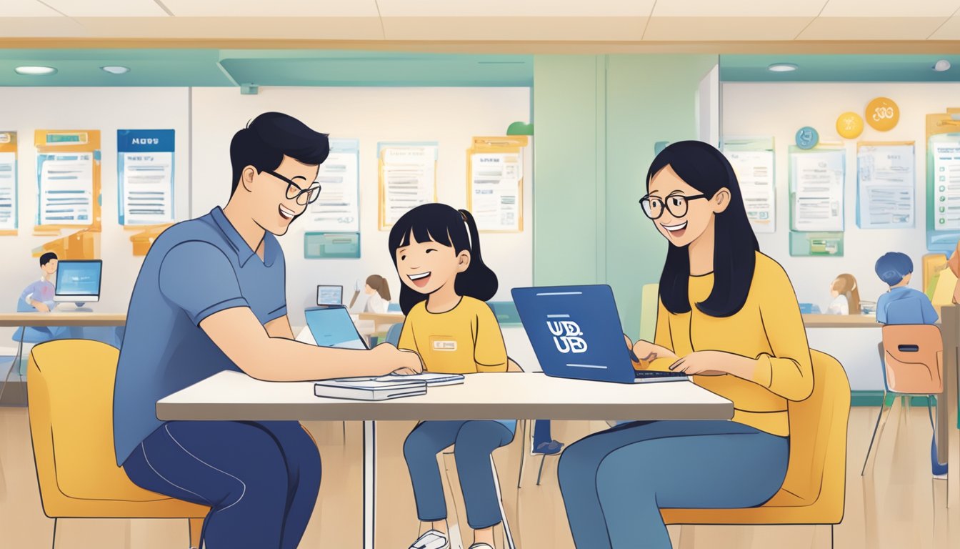 A child excitedly opens a UOB Junior Savers Account with a parent at a UOB branch in Singapore