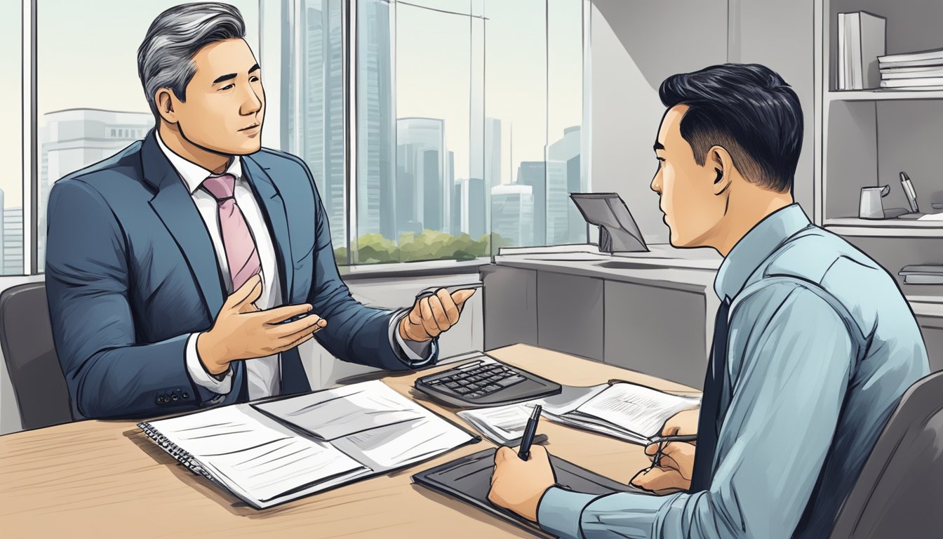 A businessman sits across from a bank manager, discussing loan terms for a new company in Singapore. The manager presents a detailed proposal while the businessman listens intently, taking notes