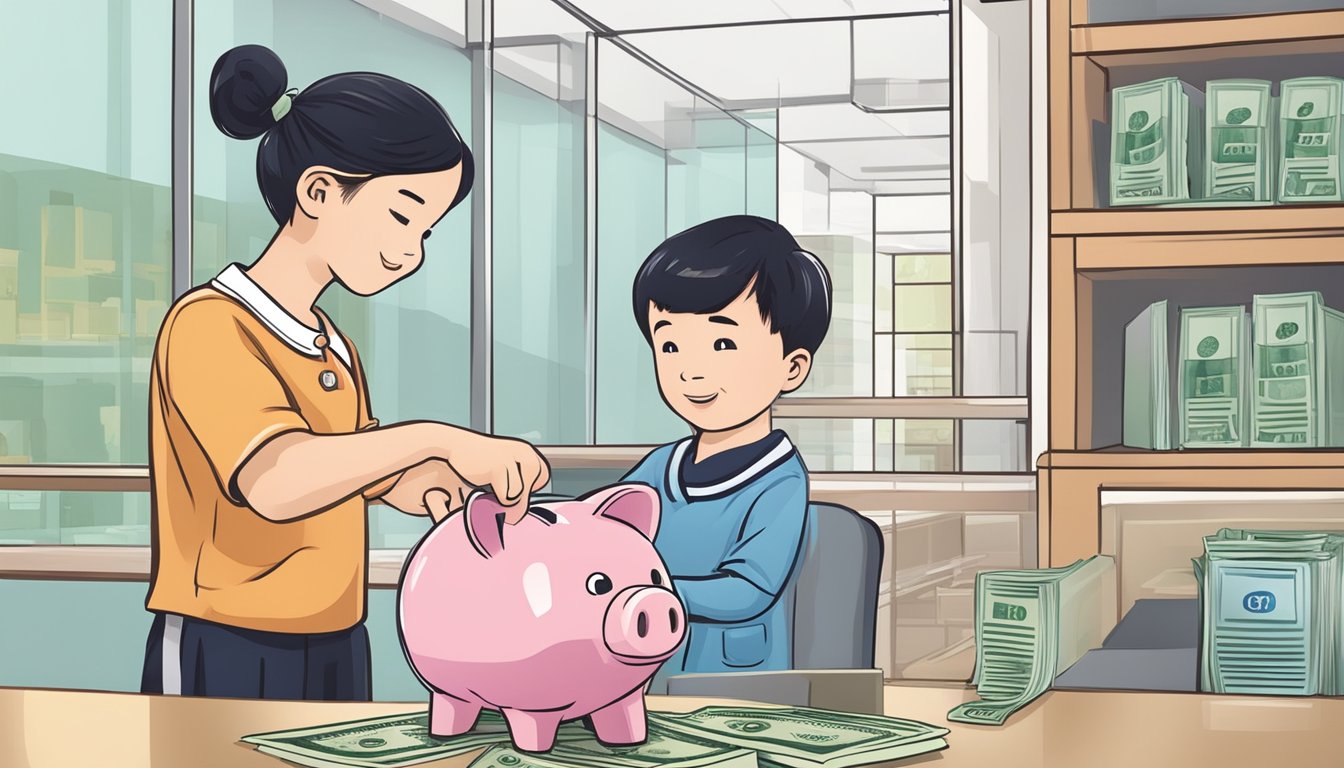 A child deposits money into a piggy bank labeled "UOB Junior Savers Account" at a Singapore bank branch