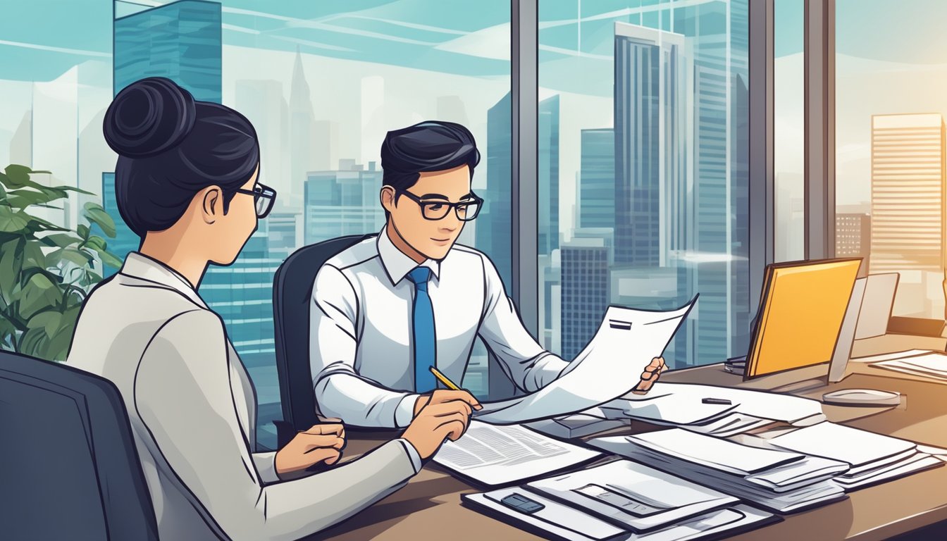 A new company in Singapore secures a business loan, signing paperwork with a bank representative in a modern office setting