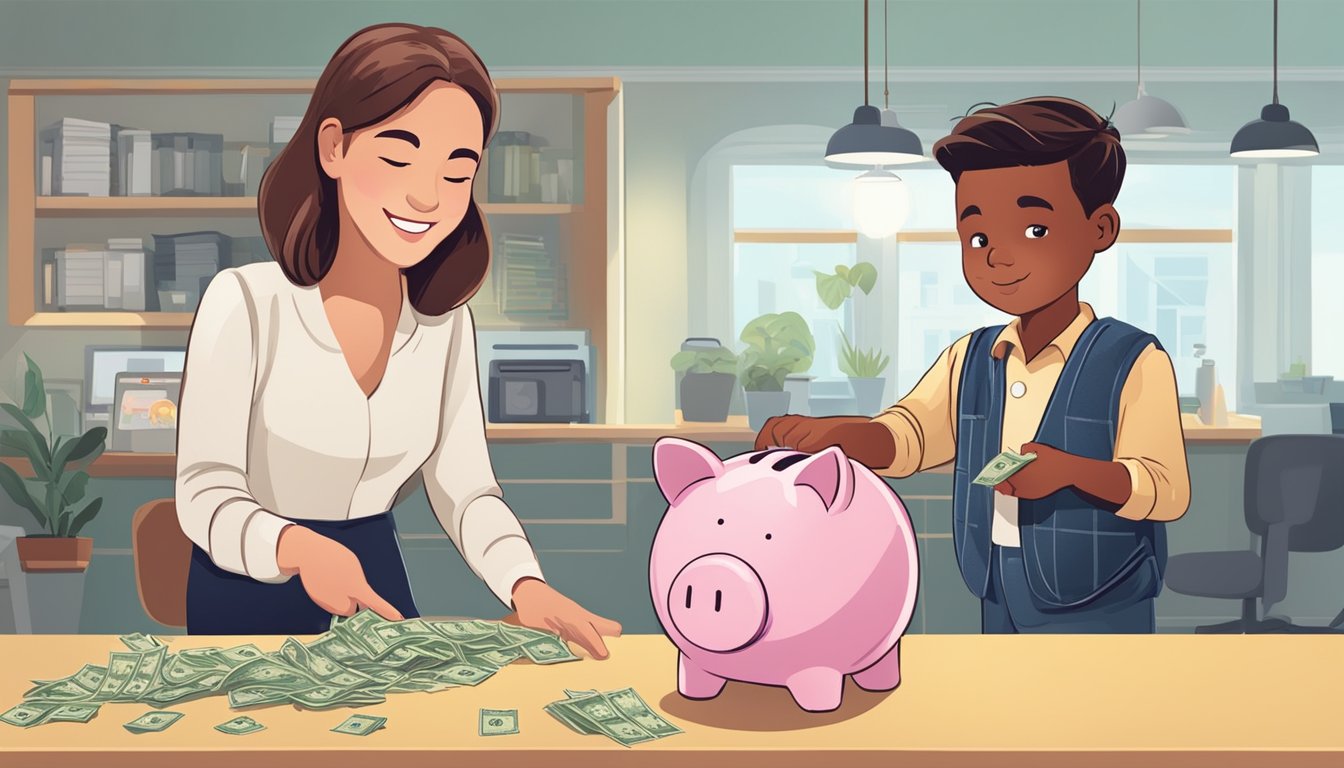A child deposits money into a piggy bank labeled "UOB Junior Savers Account" as a bank teller explains the costs and fees