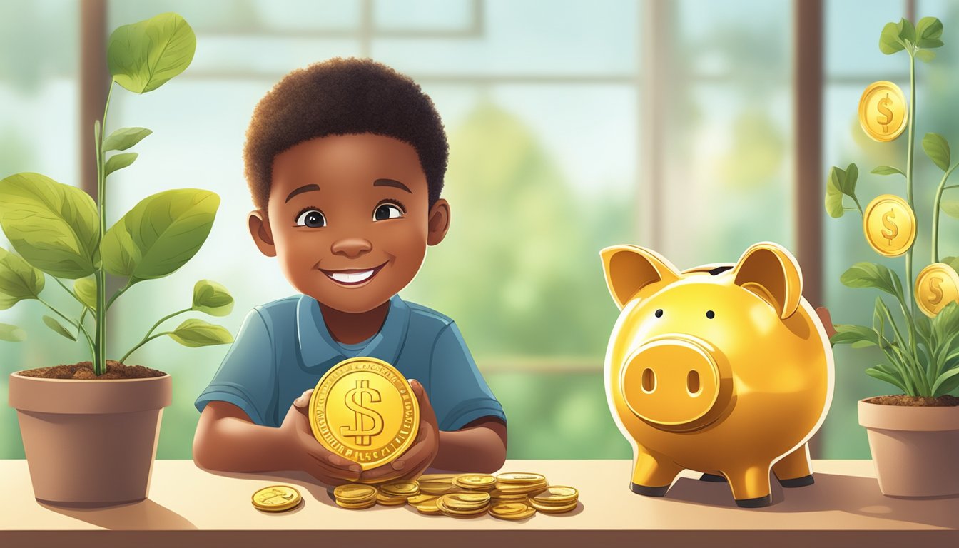 A child placing coins into a piggy bank labeled "UOB Junior Savers Account" with a smiling sun and growing plant in the background