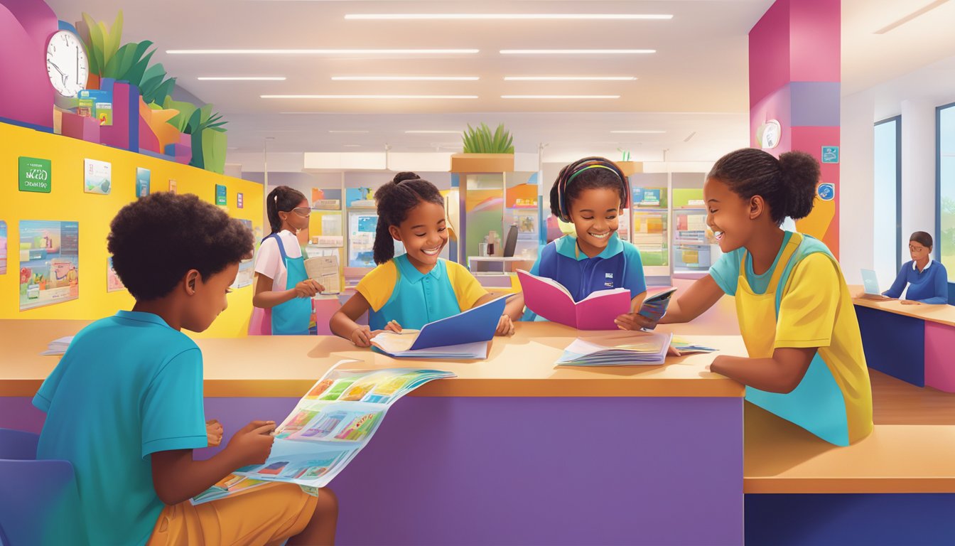 Children reading a brochure on UOB Junior Savers Account in a colorful, vibrant bank branch with friendly staff assisting customers