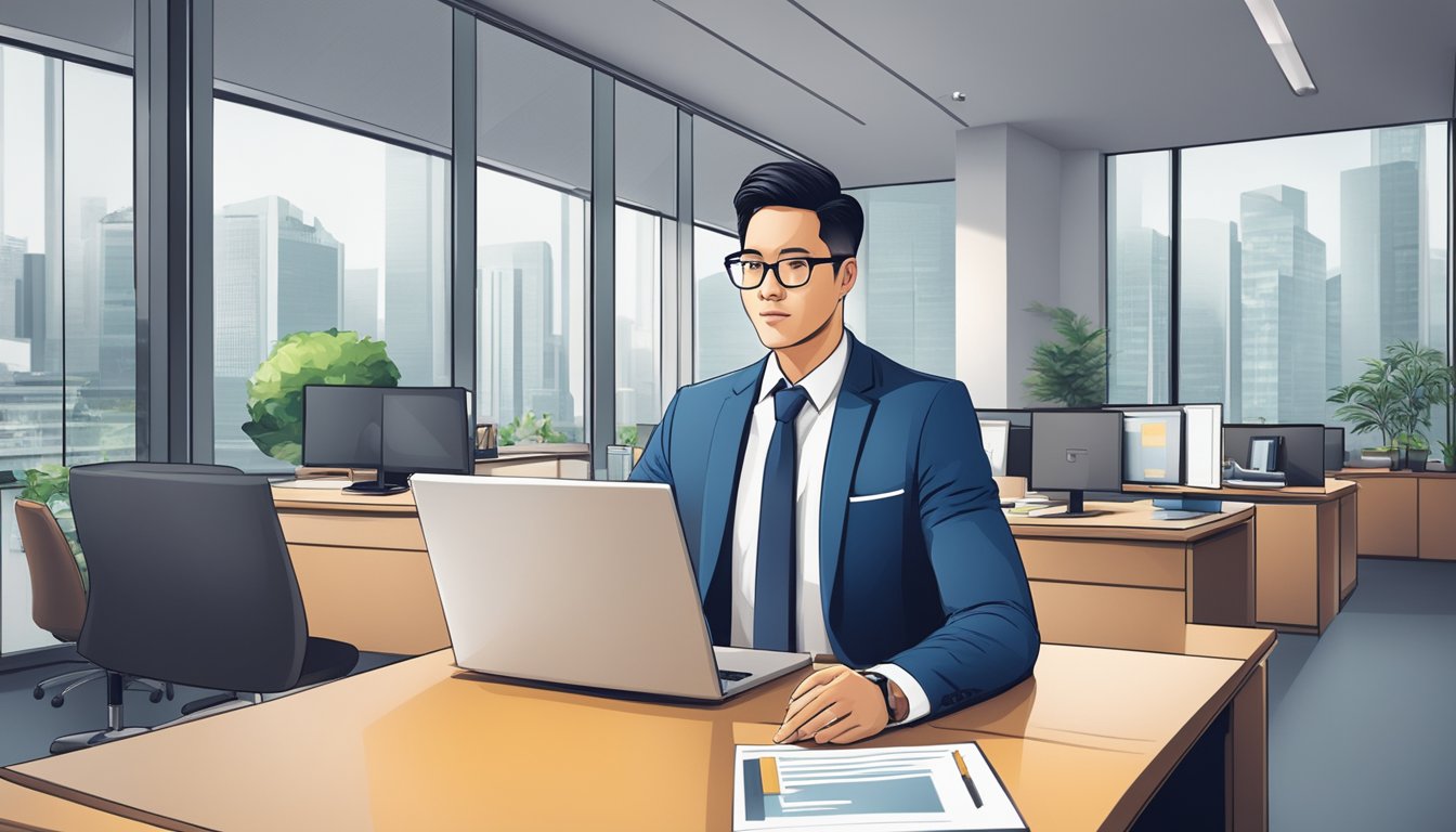 A new company owner in Singapore considers post-loan options, reviewing financial documents and consulting with advisors in a modern office setting