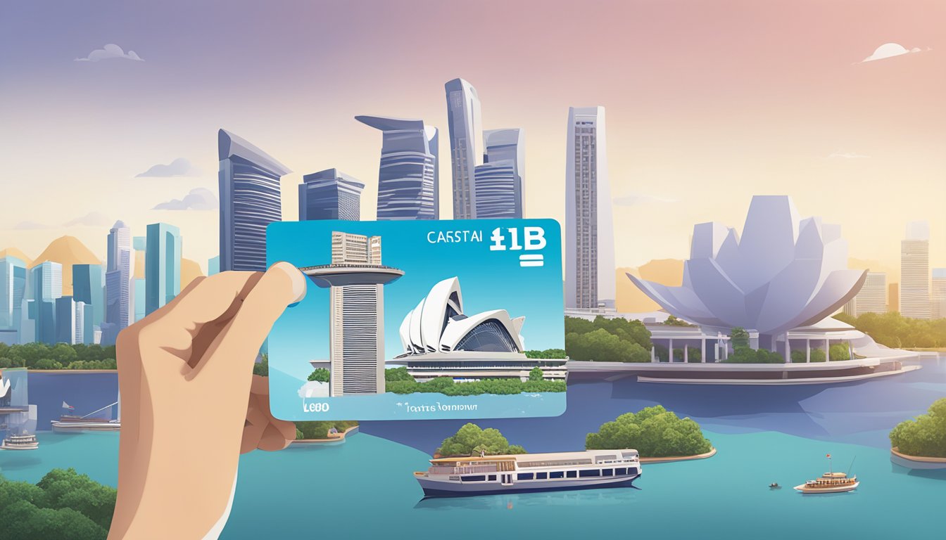A hand holding a UOB KrisFlyer credit card against a backdrop of iconic Singapore landmarks