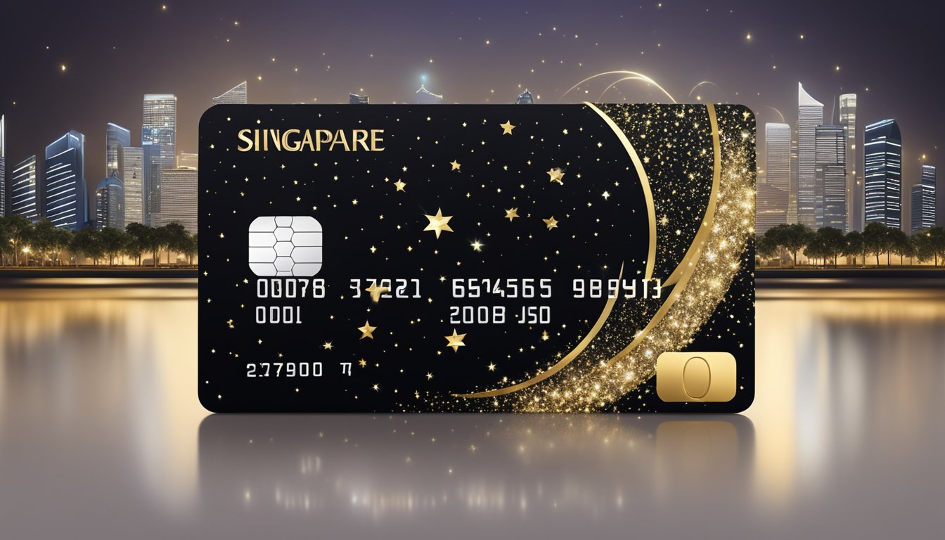 A luxurious black credit card with gold accents, surrounded by a halo of shimmering stars and the iconic Singapore skyline in the background
