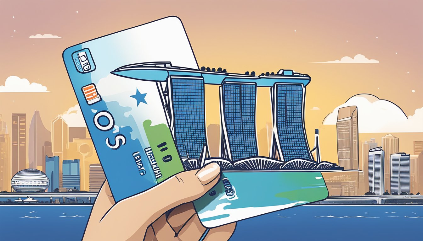 A hand holding a UOB Miles Credit Card against a backdrop of iconic Singapore landmarks, such as the Marina Bay Sands and the Singapore Flyer