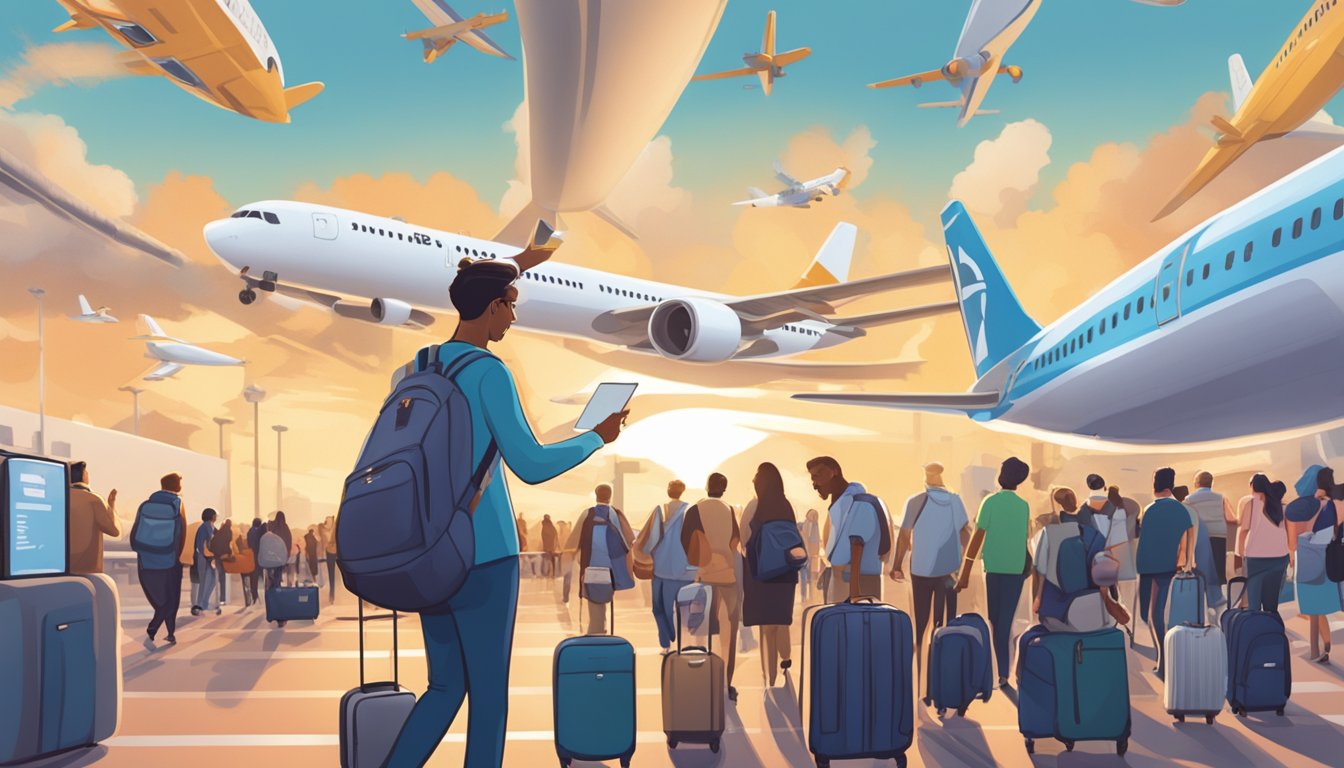 A traveler swipes the UOB PRVI Miles card at a bustling airport, surrounded by planes and luggage