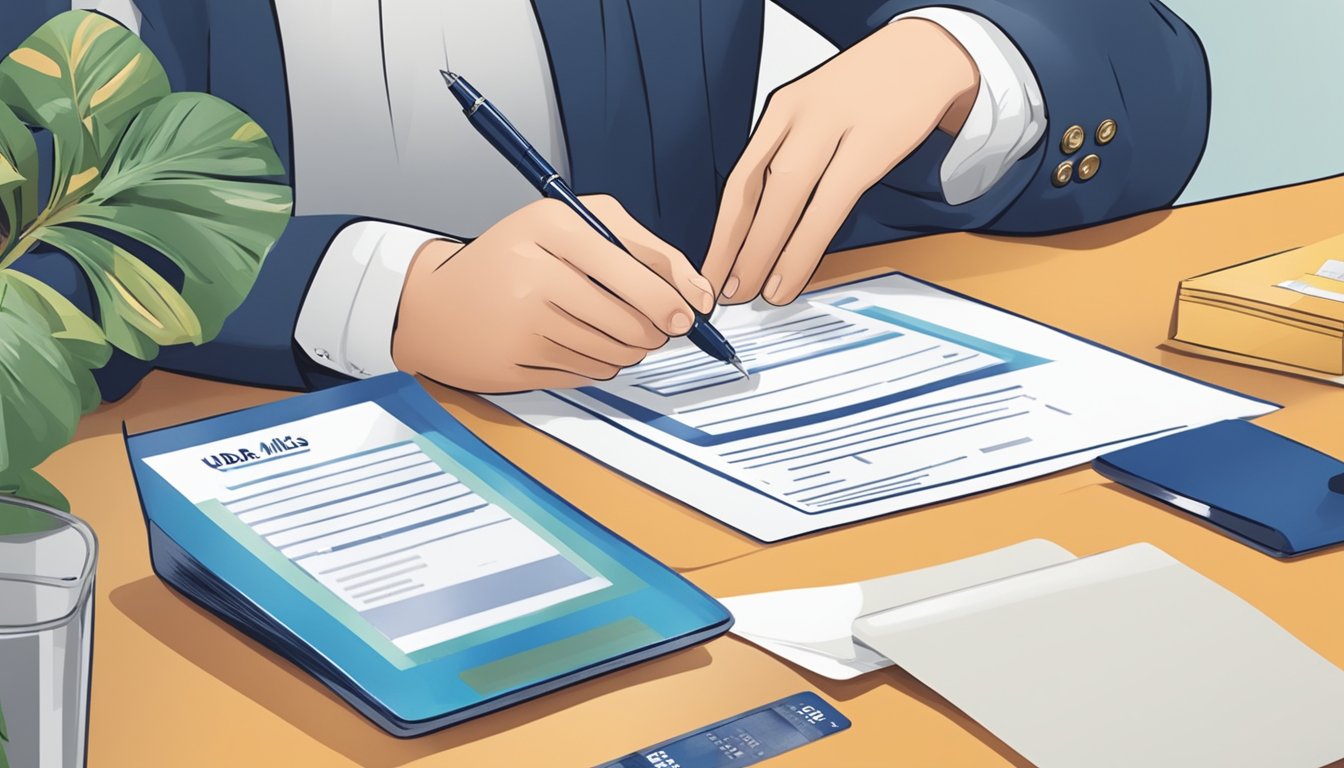 The scene depicts a person filling out a credit card application form with a pen, surrounded by promotional materials for the UOB Miles credit card