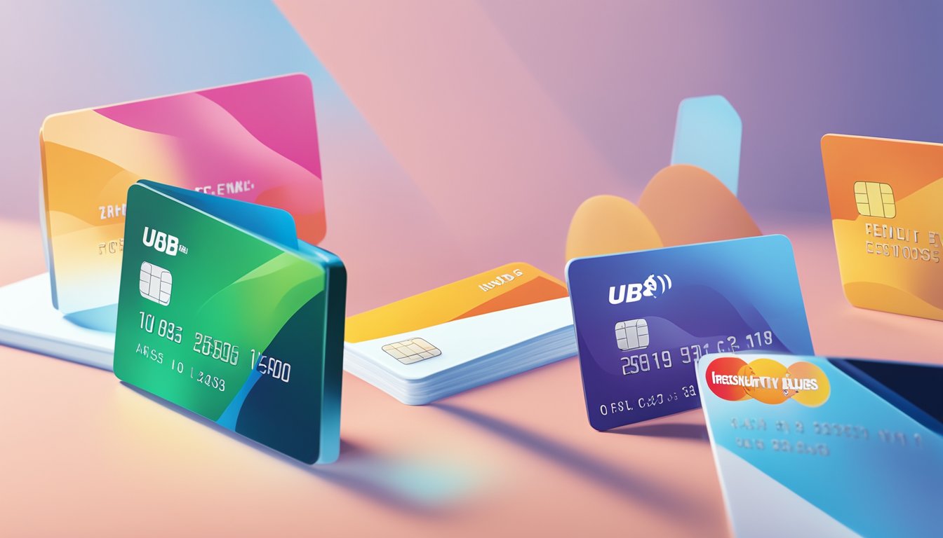 A stack of credit cards with the UOB Miles logo, next to a sign reading "Frequently Asked Questions" in a modern, clean office setting