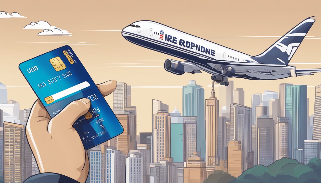 A hand holding a UOB credit card, with a digital screen showing "Miles Redemption Singapore" and an airplane icon