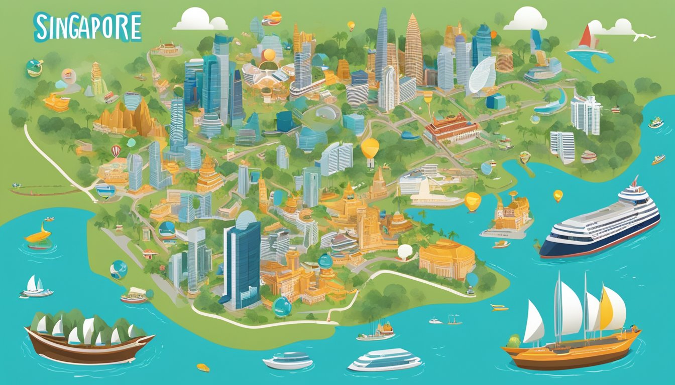 A colorful map of Singapore with UOB Miles logo and various landmarks, surrounded by travel-related icons and symbols