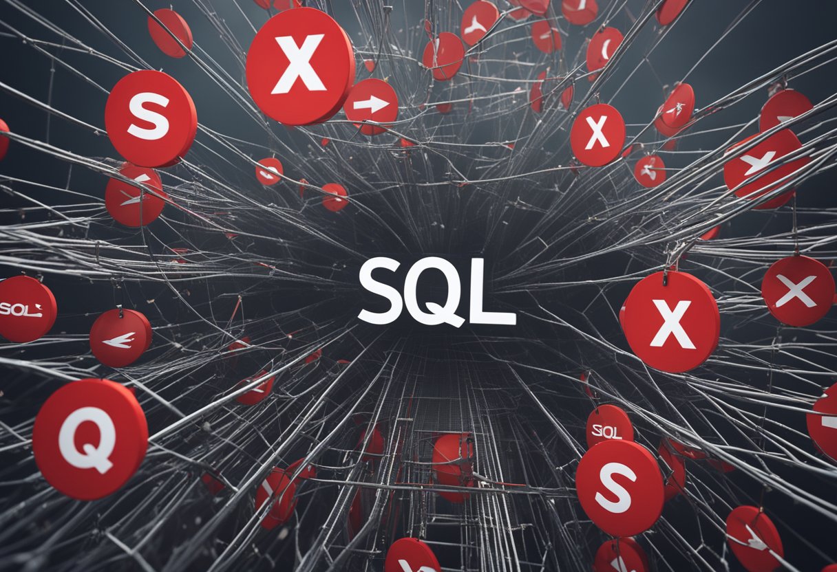 A tangled web of code with the words "sql where string contains" prominently displayed, surrounded by caution signs and red X marks