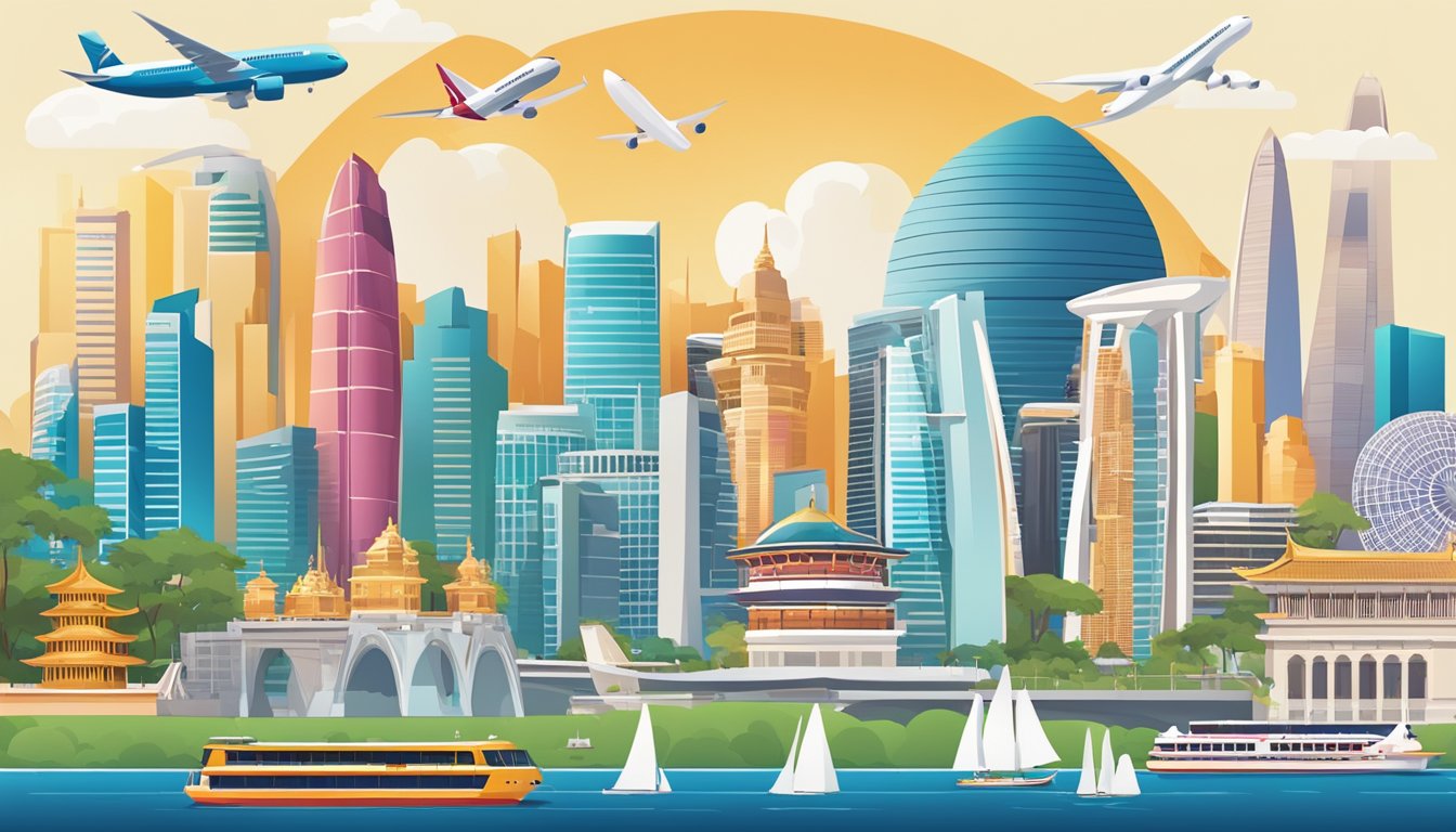 A colorful array of travel options, including flights, hotels, and experiences, displayed against a backdrop of iconic Singapore landmarks