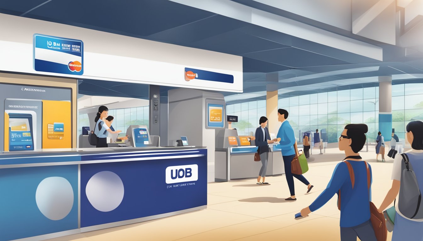 A traveler swiping a UOB credit card at a Singaporean airport kiosk to redeem miles for a flight, with a prominent "Maximising Your Miles" banner