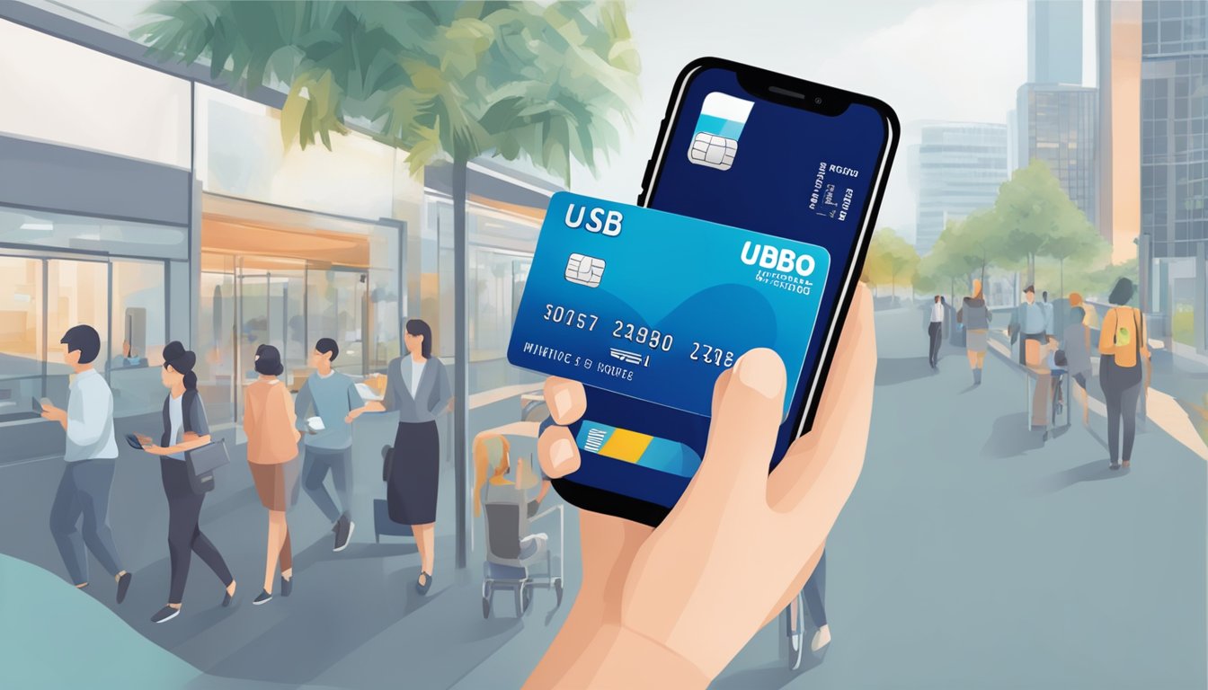 A hand holding a UOB credit card, tapping on a smartphone to navigate through the terms and rewards redemption for UOB miles in Singapore