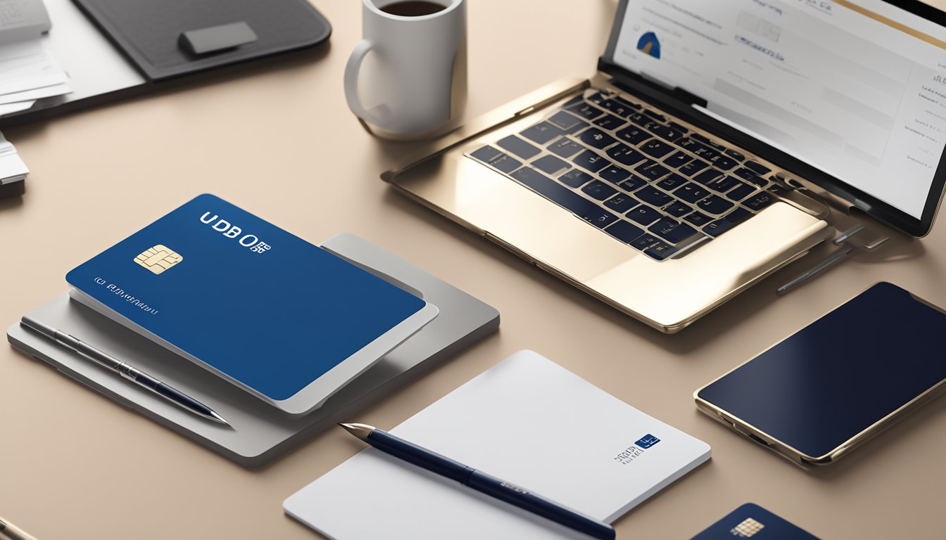 A sleek UOB One Account card lies on a clean, modern desk with a laptop and pen nearby. The logo is prominent, and the card exudes a sense of sophistication and reliability