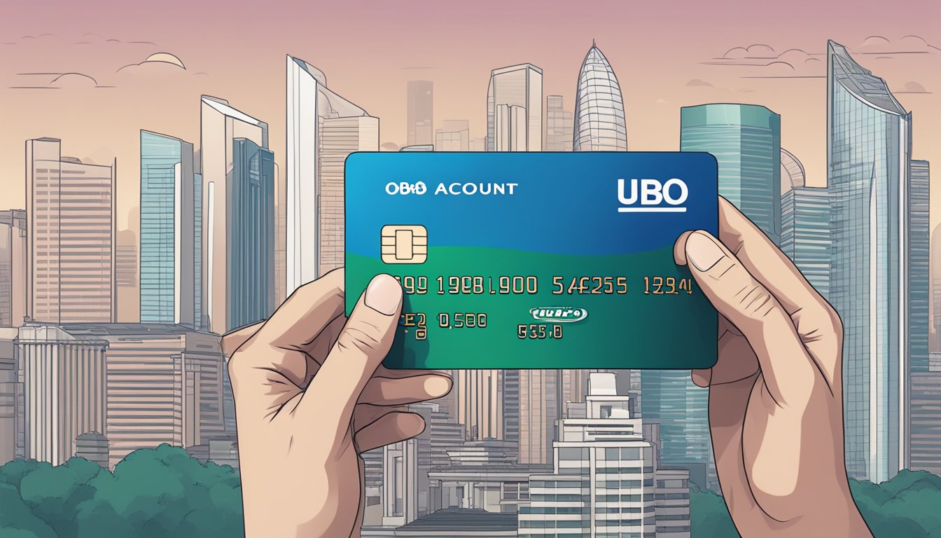 A hand holding a UOB One Account credit card against a backdrop of the Singapore skyline