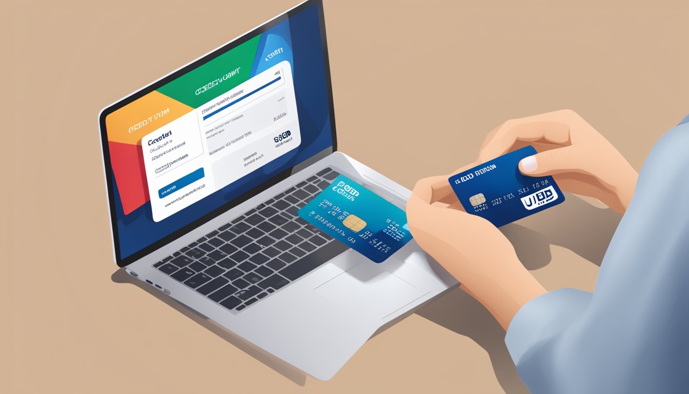 A hand holding a UOB One Account credit card, with a laptop open to the UOB website showing the eligibility and application process