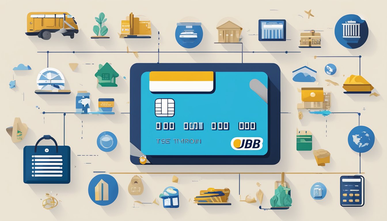 A credit card surrounded by icons representing various benefits and services, such as travel, dining, and shopping, with the UOB logo prominently displayed