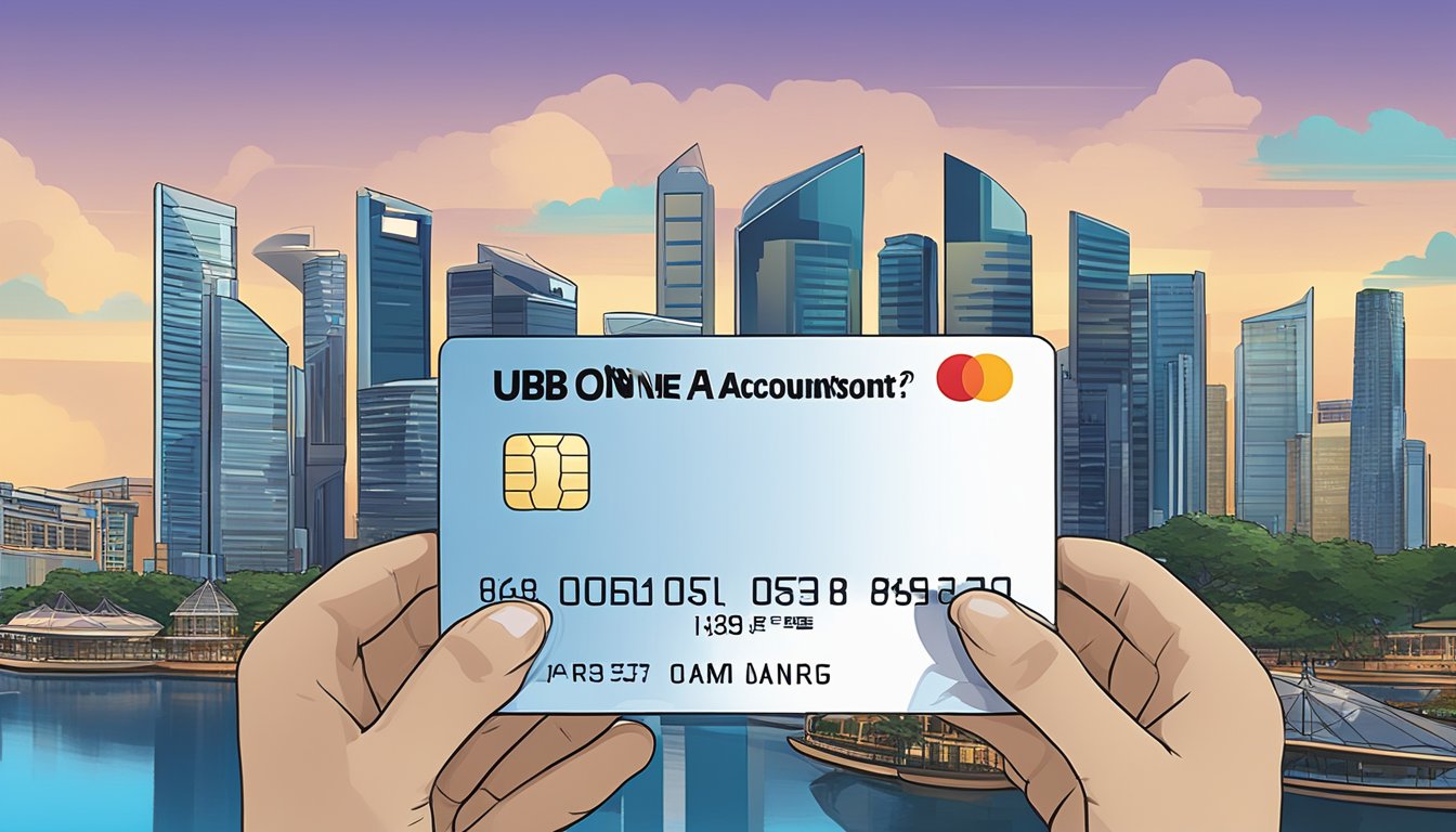 A credit card with "UOB One Account" branding, surrounded by frequently asked questions text, set against a backdrop of the Singapore skyline