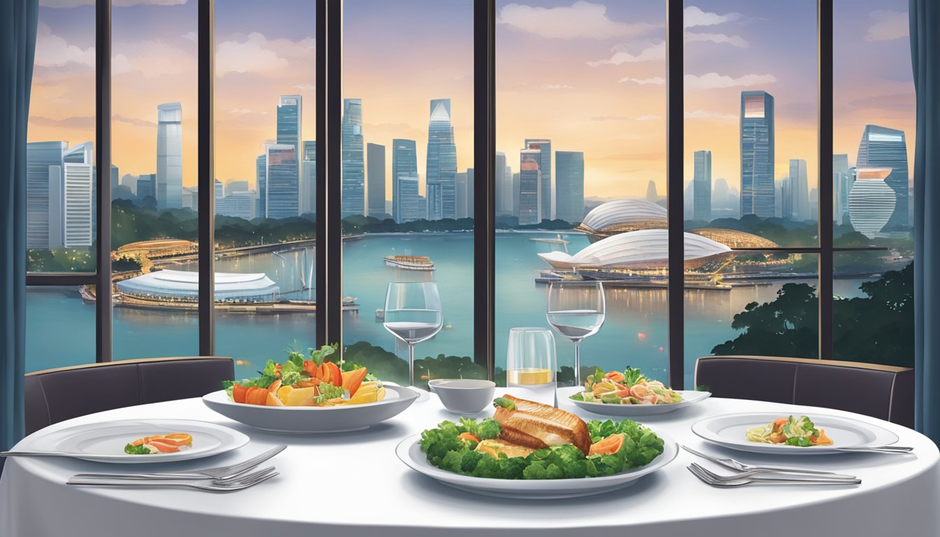 A table set for two with a view of the Singapore skyline, showcasing a one-for-one dining promotion at UOB