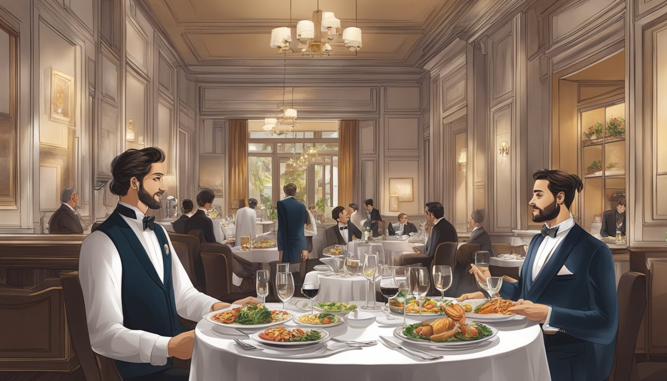 A table set with gourmet dishes, a waiter presenting a UOB One Card, and a bustling restaurant ambiance