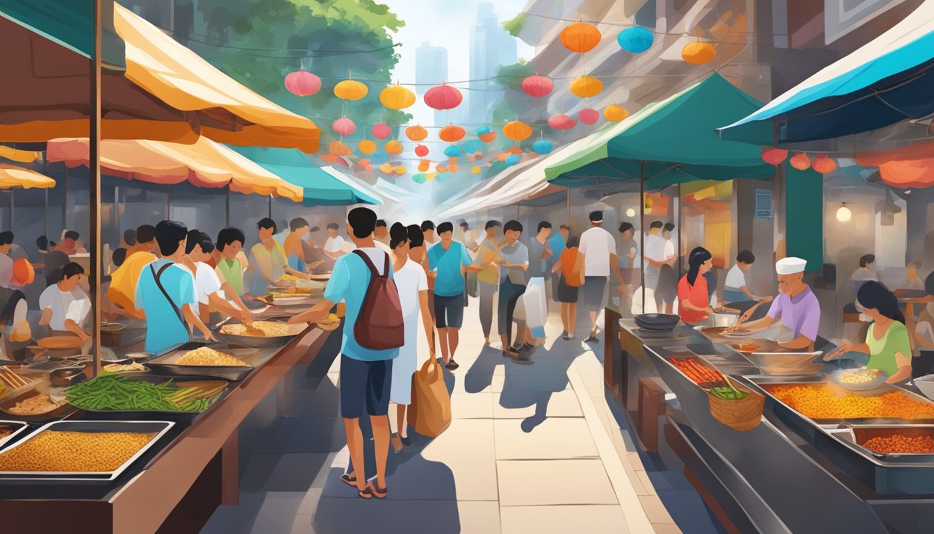 Vibrant hawker center with sizzling woks, steaming dumplings, and colorful spices in bustling Singapore