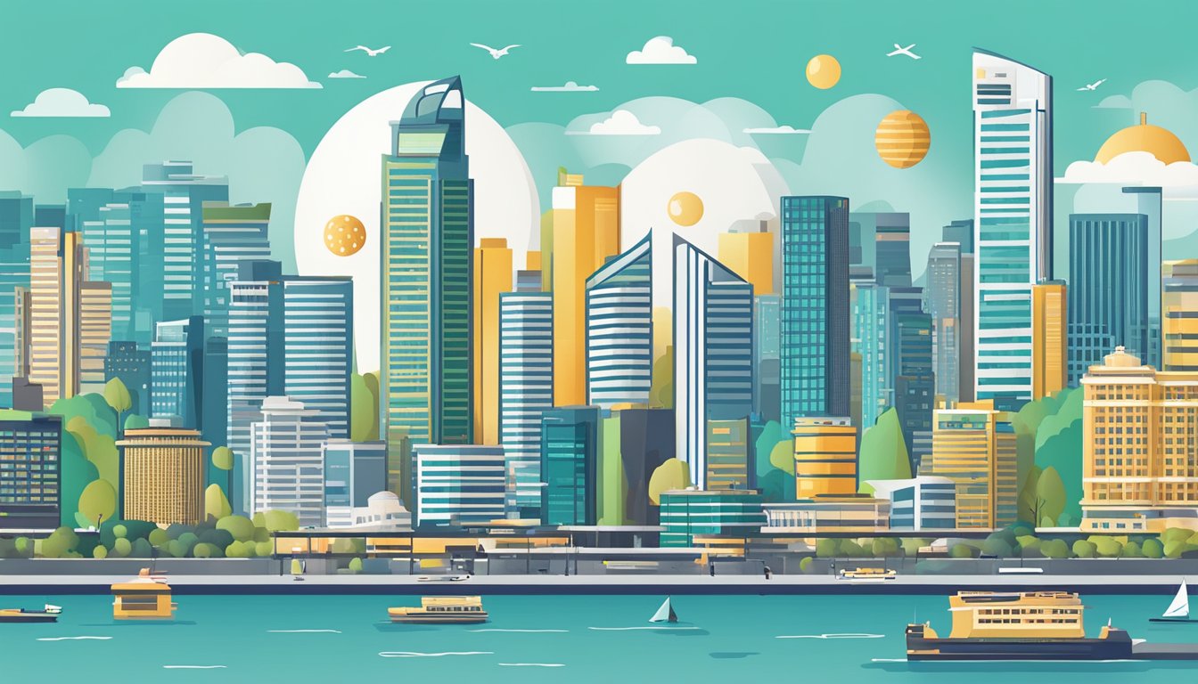 A bustling city skyline with various businesses, representing the advantages of business loans in Singapore