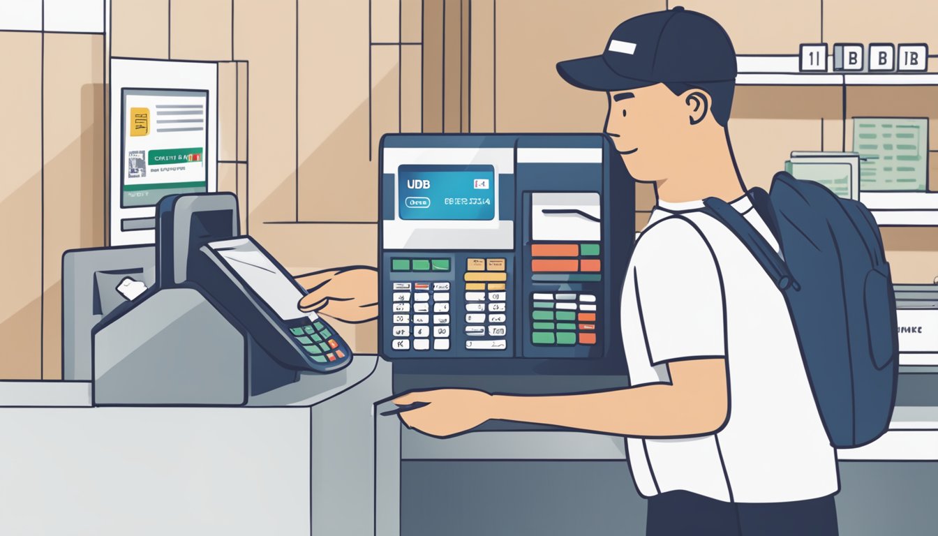 A person swiping a UOB card at a payment terminal, while another person uses a DBS card to make a transaction. Both cards are labeled "One" and "Multiplier" respectively