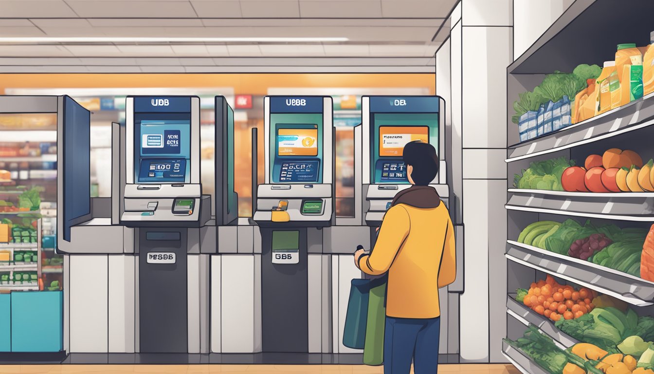 A person using a UOB One credit card to pay for groceries at a supermarket, while another person swipes their DBS Multiplier card at a nearby ATM