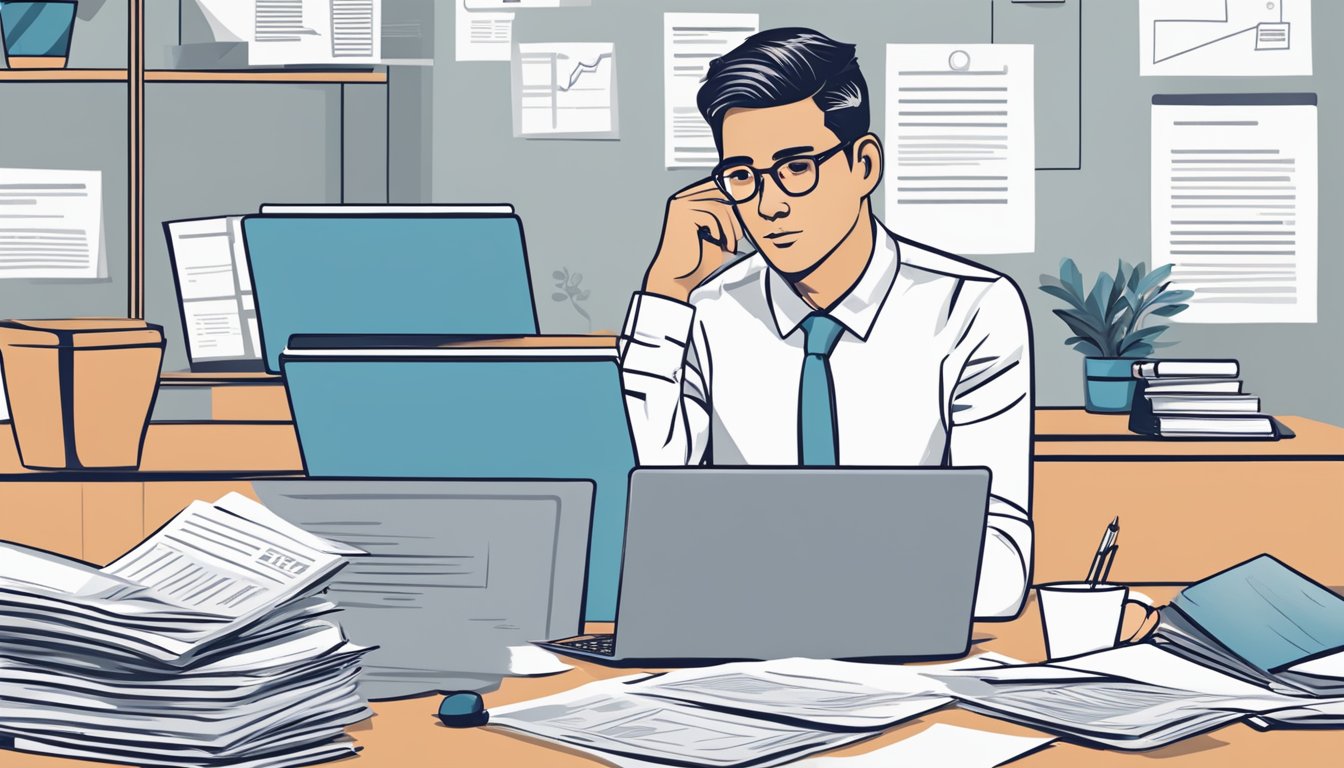 A person sits at a desk, surrounded by financial documents and a laptop. They are deep in thought, contemplating UOB personal loan options in Singapore