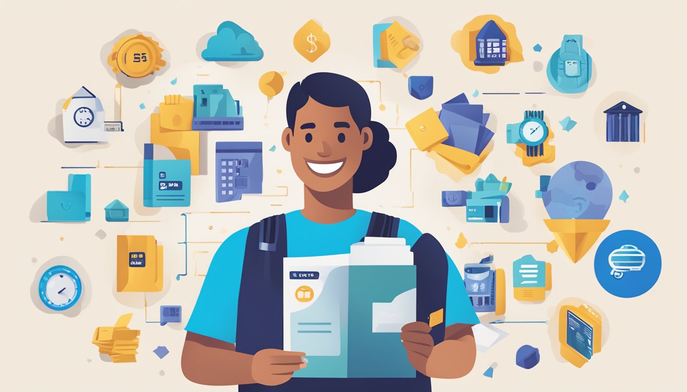 A person holding a UOB personal loan brochure with a smile, surrounded by icons representing perks such as low interest rates, flexible repayment options, and exclusive offers