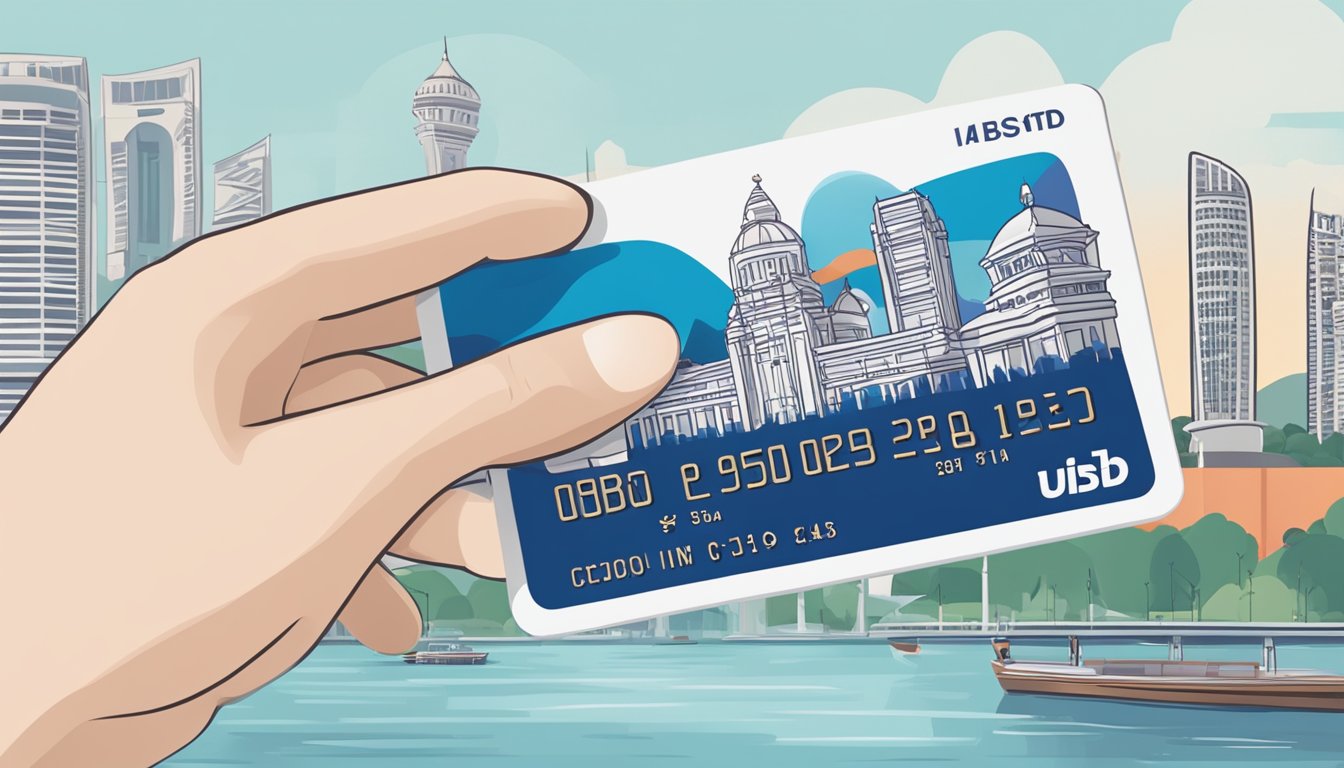 A hand holding a UOB Platinum card with iconic Singapore landmarks in the background