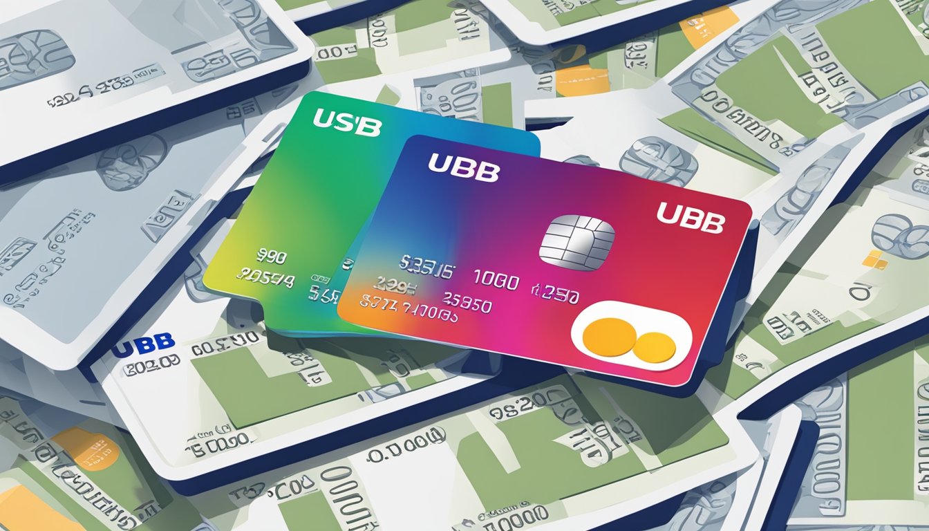 A stack of credit card statements and bills with the UOB Platinum card logo, surrounded by dollar signs and percentage symbols