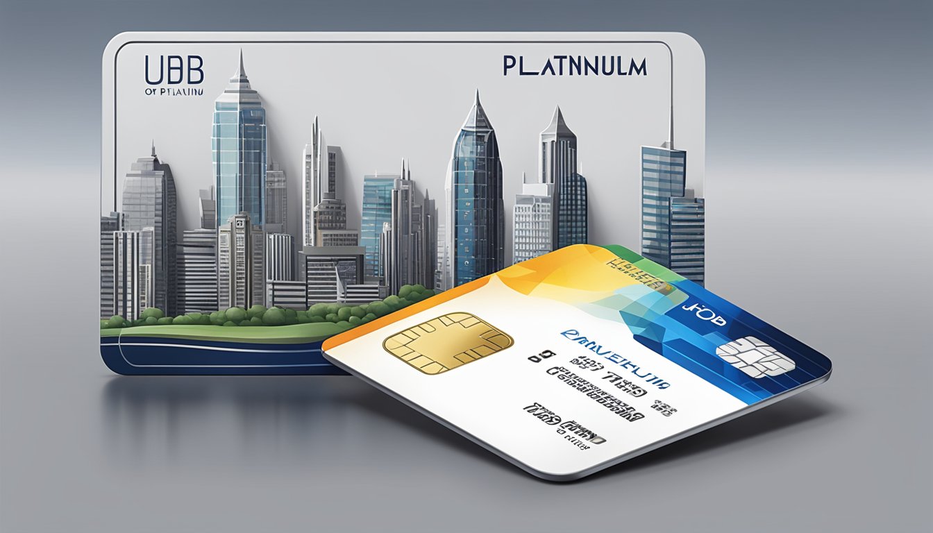 The UOB Platinum card sits on a sleek, modern desk with a city skyline in the background, showcasing its premium benefits and services