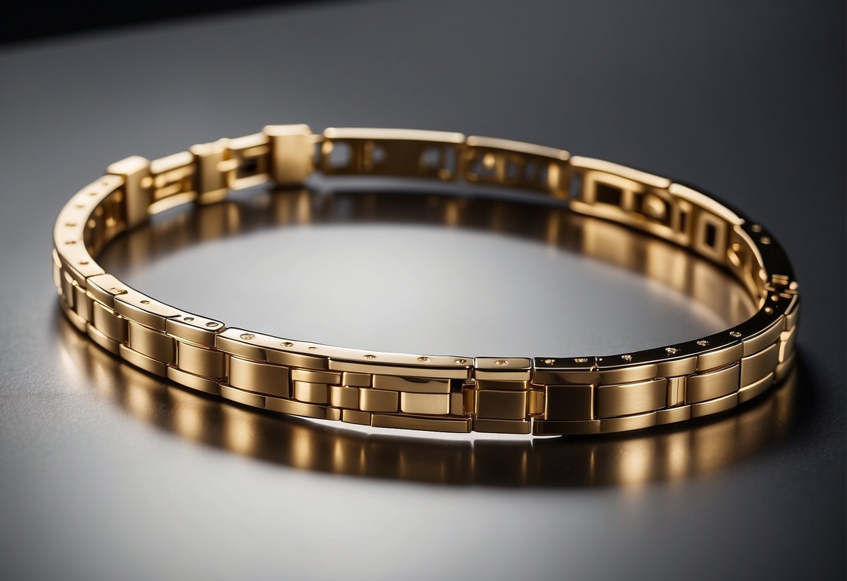 A stainless steel bracelet and gold necklace lay side by side on a sleek, modern surface, showcasing the contrast between the two metals